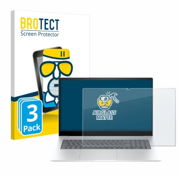 Front side of a product packaging with the brand logo BROTECT. Next to it is the device HP Envy 17-da0777ng shown with the cor