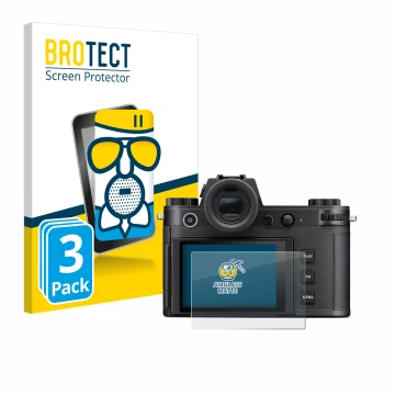 Front side of a product packaging with the brand logo BROTECT. Next to it is the device Leica SL3-S shown with the correspondi