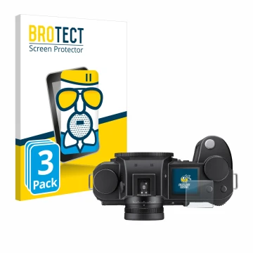 Front side of a product packaging with the brand logo BROTECT. Next to it is the device Leica SL3-S (top plate display) shown 
