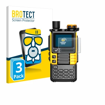 Front side of a product packaging with the brand logo BROTECT. Next to it is the device Quansheng UV-K5 (99) shown with the co