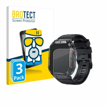Front side of a product packaging with the brand logo BROTECT. Next to it is the device bedee Smartwatch 1.96
