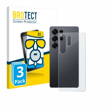 Front side of a product packaging with the brand logo BROTECT. Next to it is the device Samsung Galaxy S25 Ultra (Back) shown 