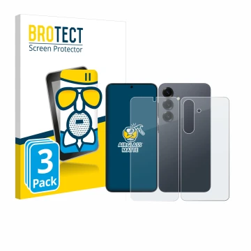 Front side of a product packaging with the brand logo BROTECT. Next to it is the device Samsung Galaxy S25 (Front+Back) shown 