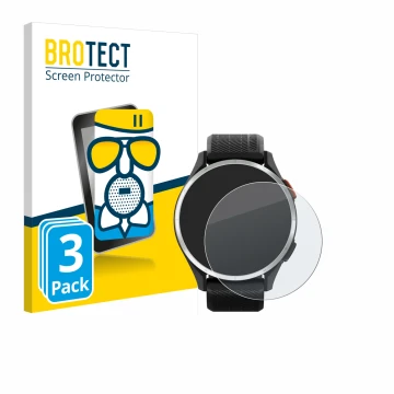 Front side of a product packaging with the brand logo BROTECT. Next to it is the device Garmin Approach S44 shown with the cor