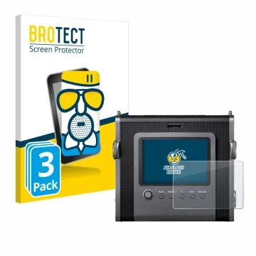 Front side of a product packaging with the brand logo BROTECT. Next to it is the device Fujifilm Instax Wide Evo shown with th