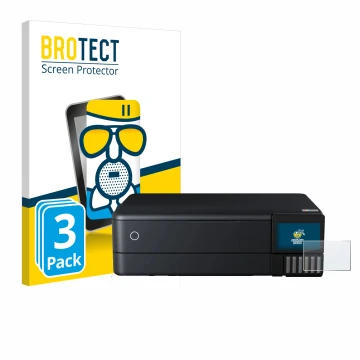 Front side of a product packaging with the brand logo BROTECT. Next to it is the device Epson EcoTank ET-8550 shown with the c