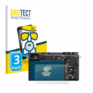 Front side of a product packaging with the brand logo BROTECT. Next to it is the device Sony Alpha 6100A shown with the corres