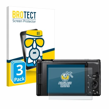 Front side of a product packaging with the brand logo BROTECT. Next to it is the device Sony ZV-1A shown with the correspondin
