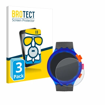 Front side of a product packaging with the brand logo BROTECT. Next to it is the device Swatch Neon Party shown with the corre