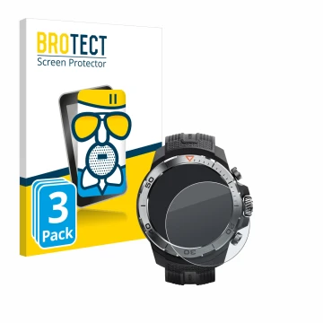 Front side of a product packaging with the brand logo BROTECT. Next to it is the device Xiaomi Mibro GS Explorer shown with th