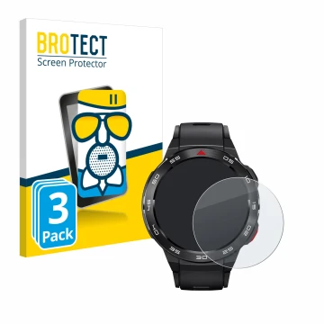 Front side of a product packaging with the brand logo BROTECT. Next to it is the device Xiaomi Mibro GS Pro shown with the cor