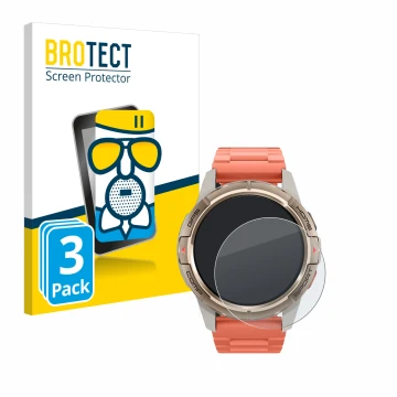 Front side of a product packaging with the brand logo BROTECT. Next to it is the device Xiaomi Mibro GS Active shown with the 