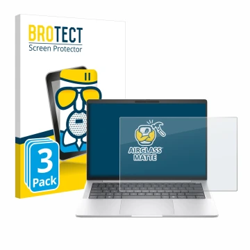 Front side of a product packaging with the brand logo BROTECT. Next to it is the device HP EliteBook 1040 G11 shown with the c