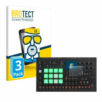 Front side of a product packaging with the brand logo BROTECT. Next to it is the device Elektron Analog Rytm MKII shown with t
