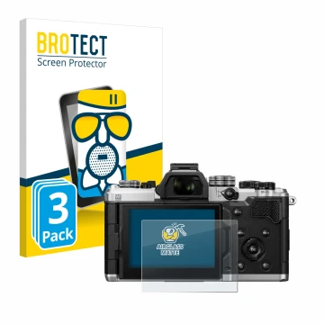 Front side of a product packaging with the brand logo BROTECT. Next to it is the device OM System OM-3 shown with the correspo