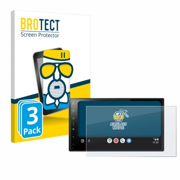 Front side of a product packaging with the brand logo BROTECT. Next to it is the device Pioneer SPH-DA77DAB shown with the cor