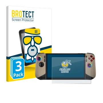 Front side of a product packaging with the brand logo BROTECT. Next to it is the device MSI Claw 8 AI+ shown with the correspo