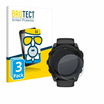 Front side of a product packaging with the brand logo BROTECT. Next to it is the device Garmin Tactix 8 AMOLED (51 mm) shown w