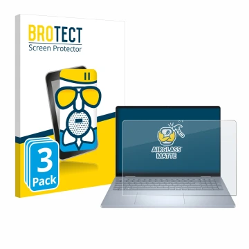 Front side of a product packaging with the brand logo BROTECT. Next to it is the device Dell 16 Plus-2-in-1 shown with the cor