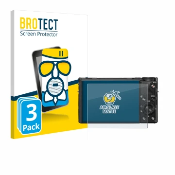Front side of a product packaging with the brand logo BROTECT. Next to it is the device Sony Cyber-Shot DSC-RX100 VIIA shown w
