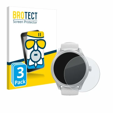 Front side of a product packaging with the brand logo BROTECT. Next to it is the device Hama Smartwatch 5010 shown with the co