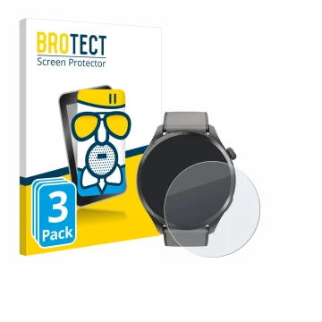 Front side of a product packaging with the brand logo BROTECT. Next to it is the device Hama Smartwatch 9000 shown with the co