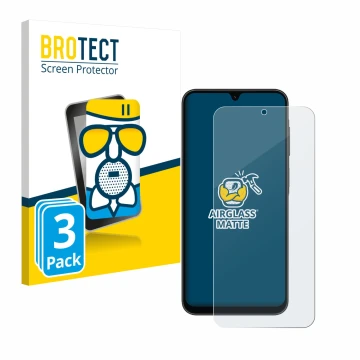 Front side of a product packaging with the brand logo BROTECT. Next to it is the device Samsung Galaxy A26 5G shown with the c