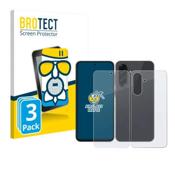 Front side of a product packaging with the brand logo BROTECT. Next to it is the device Samsung Galaxy A36 5G (Front+Back) sho
