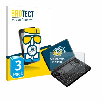 Front side of a product packaging with the brand logo BROTECT. Next to it is the device GPD Win Mini (2025) shown with the cor