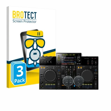 Front side of a product packaging with the brand logo BROTECT. Next to it is the device Pioneer XDJ -RR (Jog) shown with the c