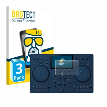 Front side of a product packaging with the brand logo BROTECT. Next to it is the device AlphaTheta OMNIS-Duo (Jog) shown with 