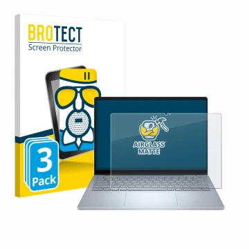 Front side of a product packaging with the brand logo BROTECT. Next to it is the device Dell 14 Plus 2-in-1 shown with the cor