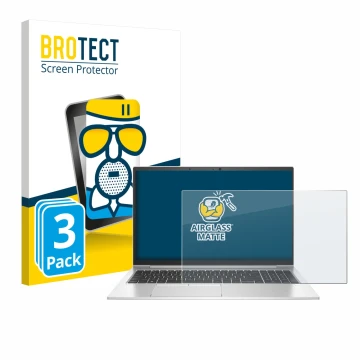 Front side of a product packaging with the brand logo BROTECT. Next to it is the device HP EliteBook 855 G8 shown with the cor