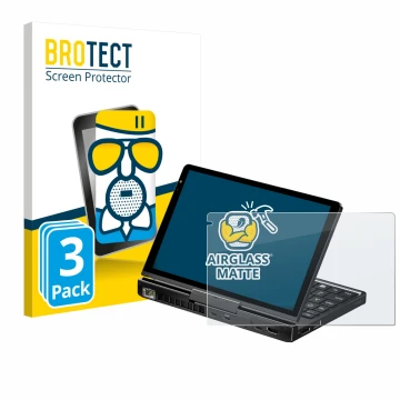 Front side of a product packaging with the brand logo BROTECT. Next to it is the device GPD Pocket 4 shown with the correspond
