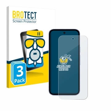 Front side of a product packaging with the brand logo BROTECT. Next to it is the device Google Pixel 9a shown with the corresp
