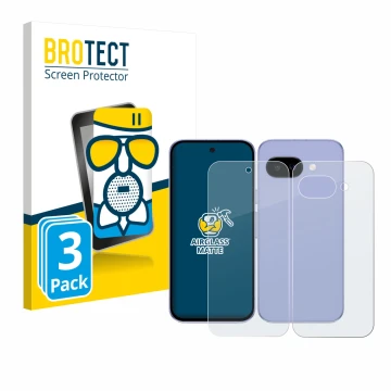 Front side of a product packaging with the brand logo BROTECT. Next to it is the device Google Pixel 9a (Front+Back) shown wit