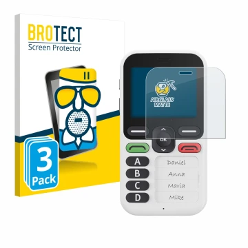 Front side of a product packaging with the brand logo BROTECT. Next to it is the device Doro Leva X10 shown with the correspon