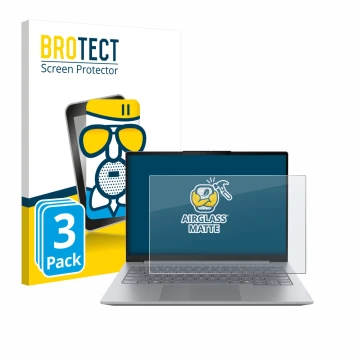 Front side of a product packaging with the brand logo BROTECT. Next to it is the device Lenovo ThinkBook 14 Gen 8 shown with t
