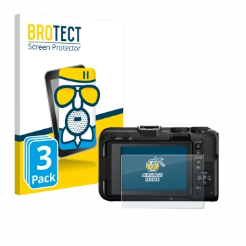 Front side of a product packaging with the brand logo BROTECT. Next to it is the device Canon EOS R50 V shown with the corresp