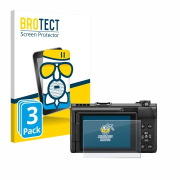 Front side of a product packaging with the brand logo BROTECT. Next to it is the device Canon PowerShot V1 shown with the corr