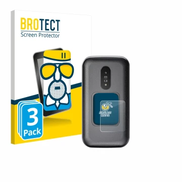 Front side of a product packaging with the brand logo BROTECT. Next to it is the device Doro 2880 (Outer display) shown with t