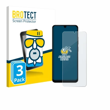 Front side of a product packaging with the brand logo BROTECT. Next to it is the device Xiaomi Redmi A5 shown with the corresp