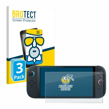 Front side of a product packaging with the brand logo BROTECT. Next to it is the device Nintendo Switch 2 shown with the corre