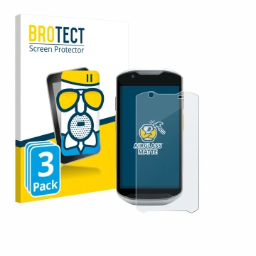 Front side of a product packaging with the brand logo BROTECT. Next to it is the device Zebra TC52x-HC shown with the correspo