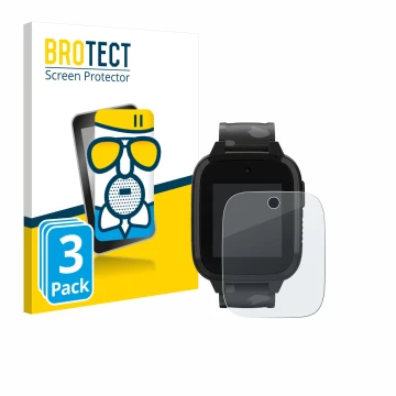 Front side of a product packaging with the brand logo BROTECT. Next to it is the device Xplora XGO3 (2nd Gen.) shown with the 