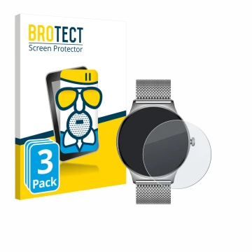Front side of a product packaging with the brand logo BROTECT. Next to it is the device Pireware Slim Smartwatch shown with th