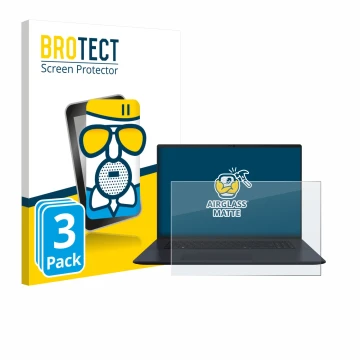 Front side of a product packaging with the brand logo BROTECT. Next to it is the device ASUS Vivobook 18 M1807 shown with the 