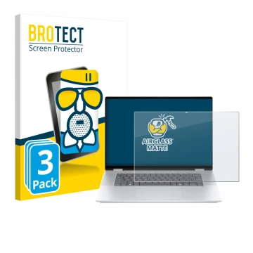 Front side of a product packaging with the brand logo BROTECT. Next to it is the device HP OmniBook X Flip 16-aX shown with th