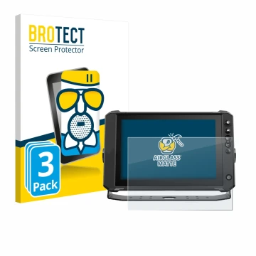Front side of a product packaging with the brand logo BROTECT. Next to it is the device Lowrance Elite FS 10 shown with the co