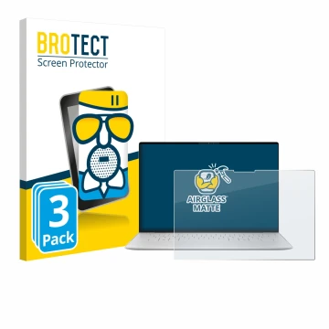 Front side of a product packaging with the brand logo BROTECT. Next to it is the device Dell XPS 13 9350 2024 shown with the c